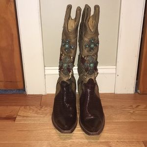 Brown and blue Cowboy boots